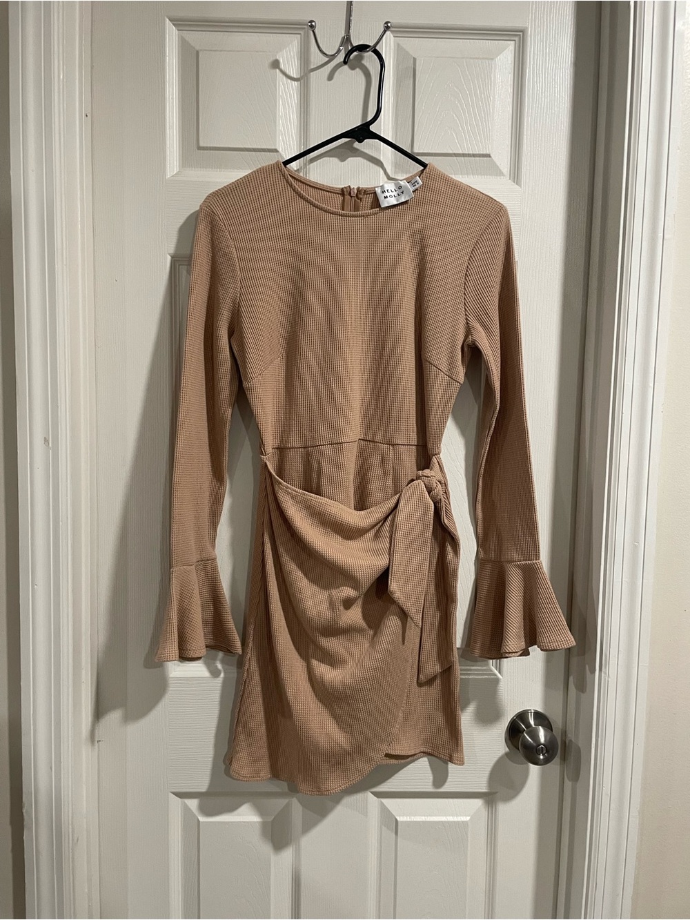 Hello Molly Long Sleeve Tie-Waist Dress in Beige